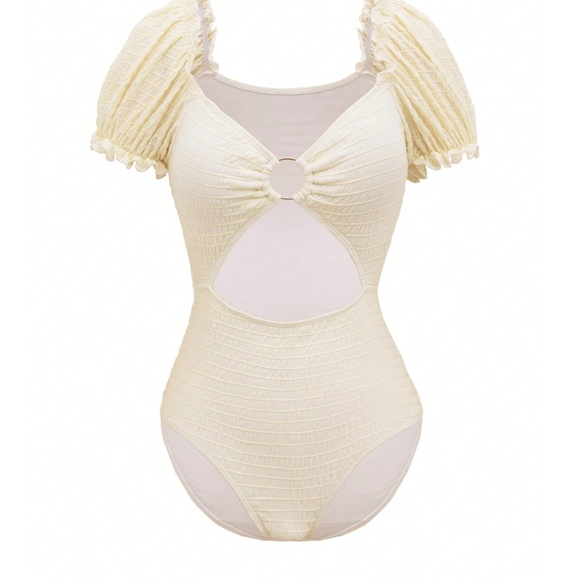 Boho Scoop Neck Puff Sleeve Cut out One Piece Swimsuit Monokini - Picture 5 of 8